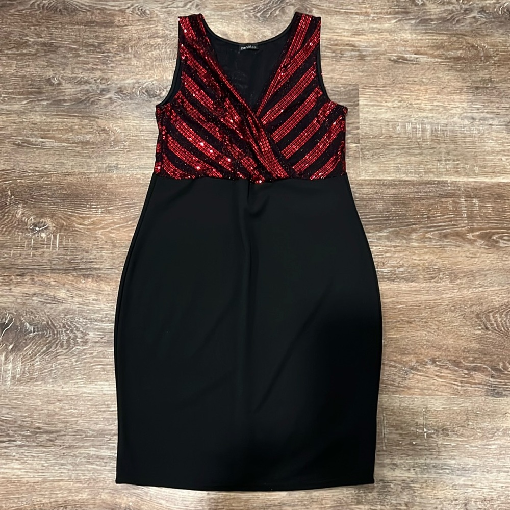 Sleeveless Black Midi Dress with Red Sequin Bodice